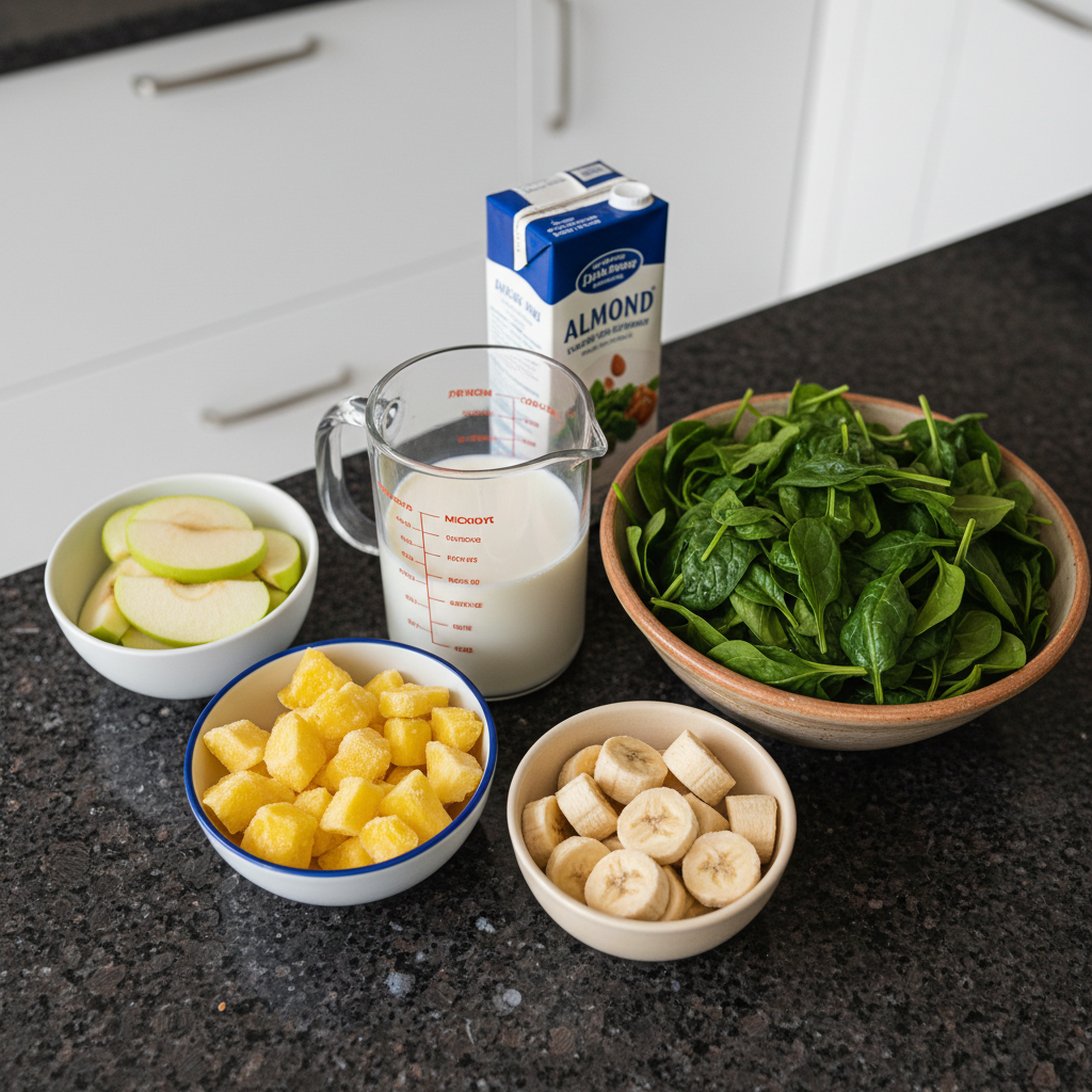 Fresh green apples, spinach, banana, and other ingredients for a green apple smoothie laid out on a wooden board.
