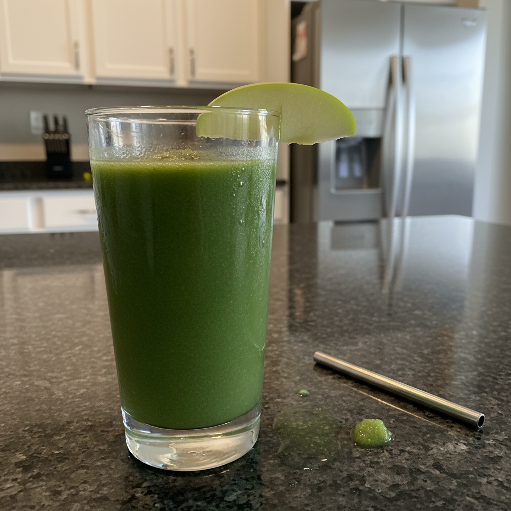 A refreshing green apple smoothie served in a tall glass with a straw, garnished with a fresh mint leaf.