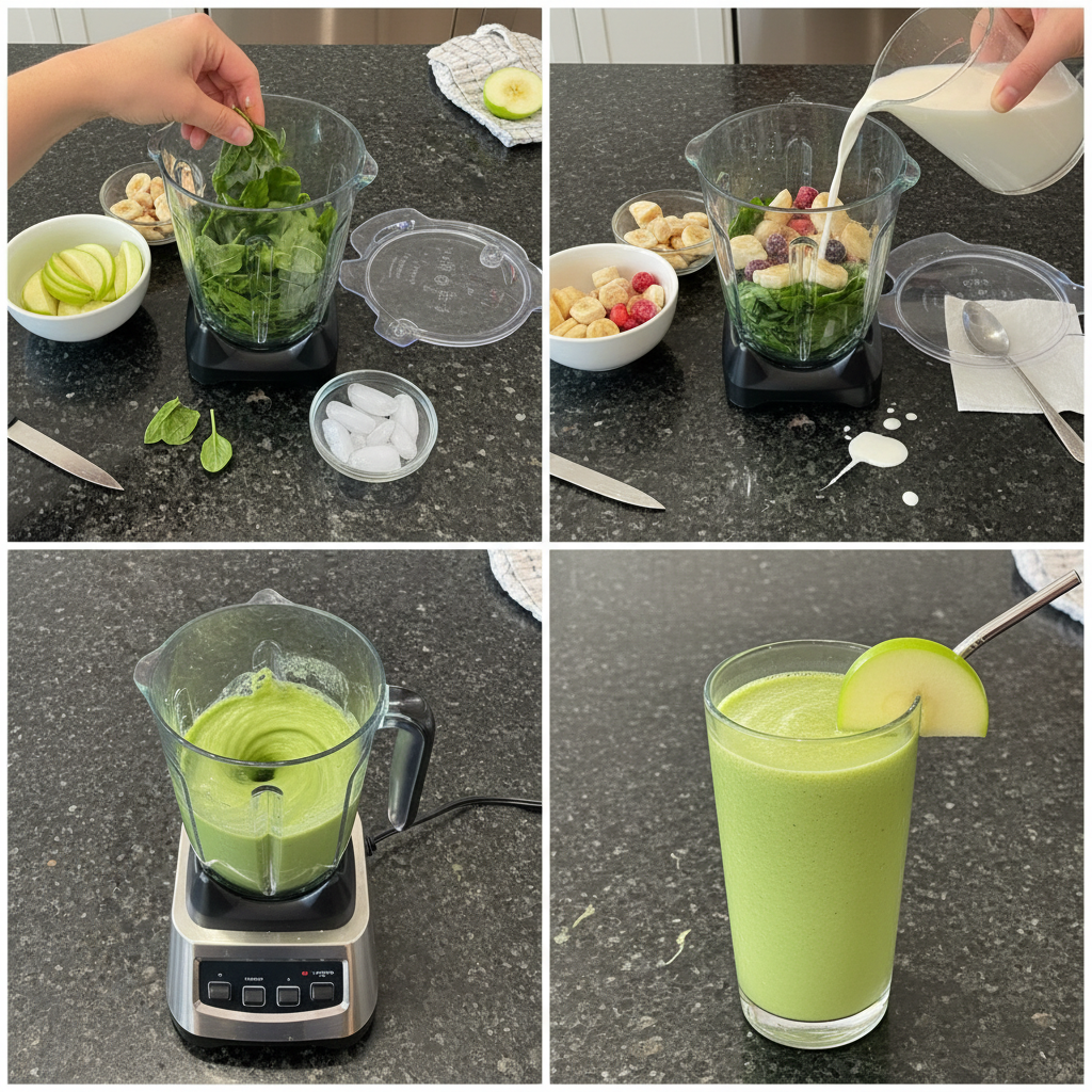 A blender full of green apple smoothie ingredients being processed into a smooth, creamy drink.