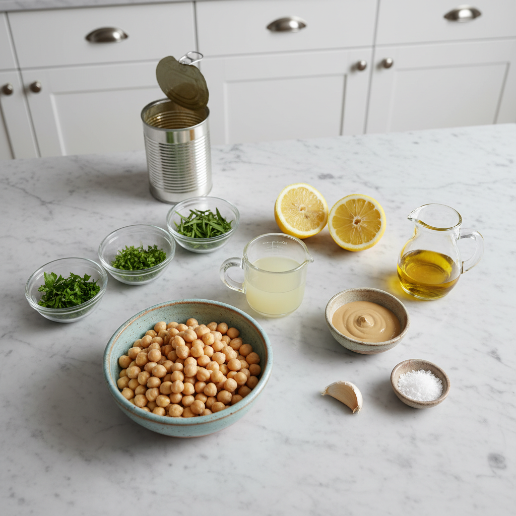 Fresh chickpeas, tahini, lemon, garlic, and a medley of green herbs laid out for Green Goddess Hummus.