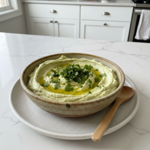 A vibrant bowl of Green Goddess Hummus garnished with fresh herbs and a drizzle of olive oil, ready to serve.