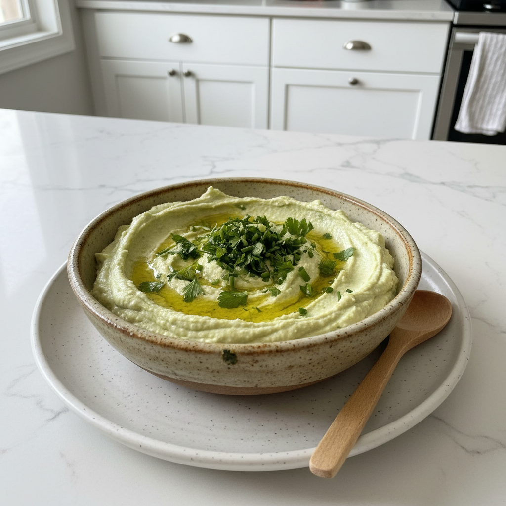 A vibrant bowl of Green Goddess Hummus garnished with fresh herbs and a drizzle of olive oil, ready to serve.