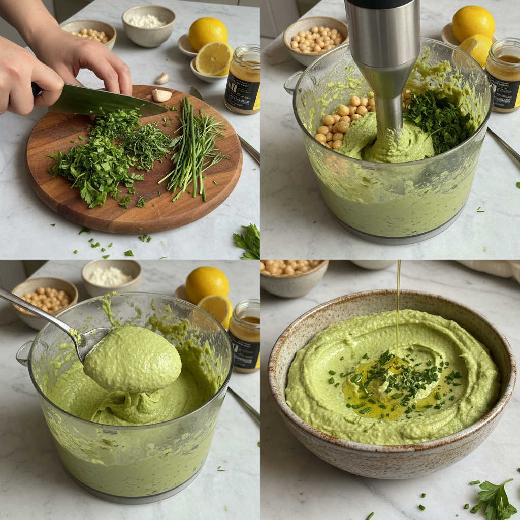 A food processor blending chickpeas, tahini, herbs, and lemon juice into smooth Green Goddess Hummus.