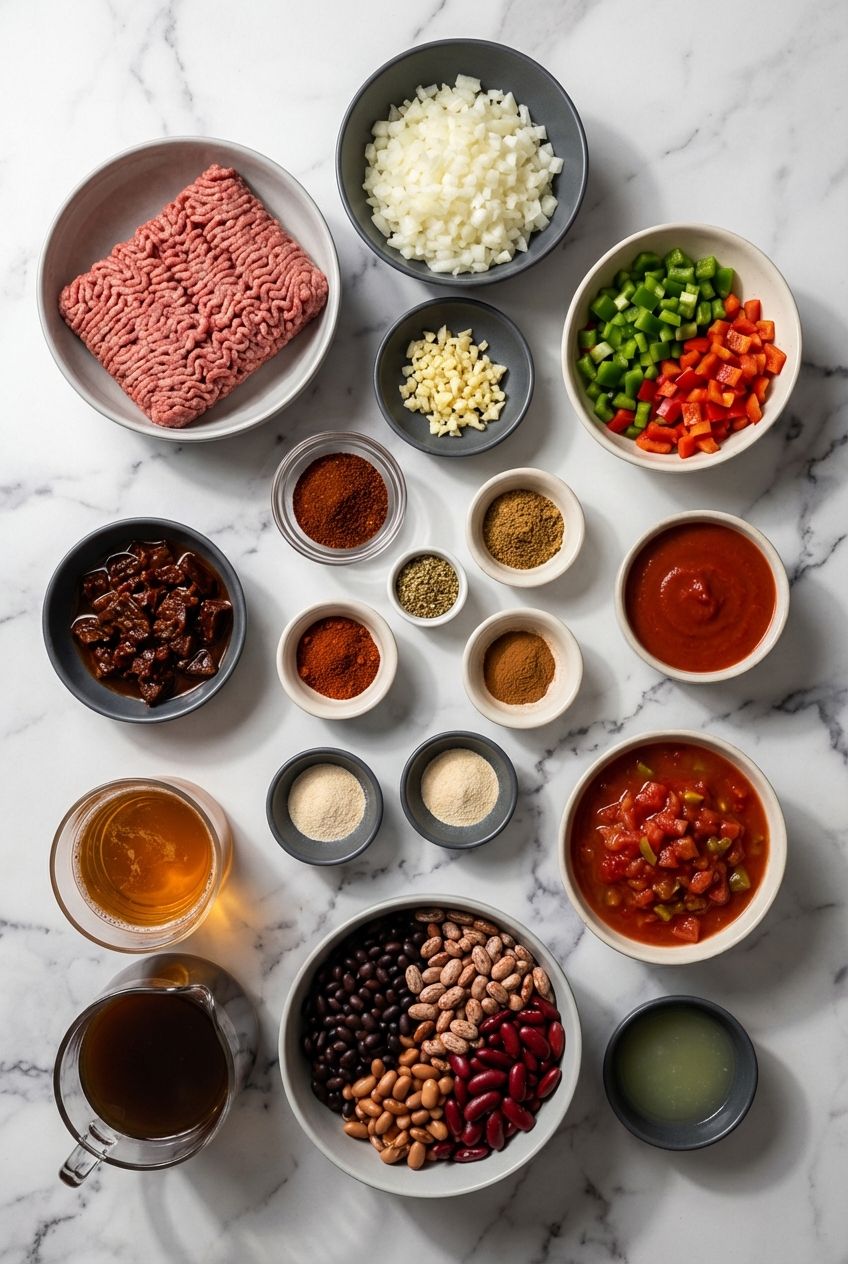 Flat lay composition of ground beef chili recipe ingredients featuring ground chuck, kidney beans, and adobo sauce on a contemporary countertop.