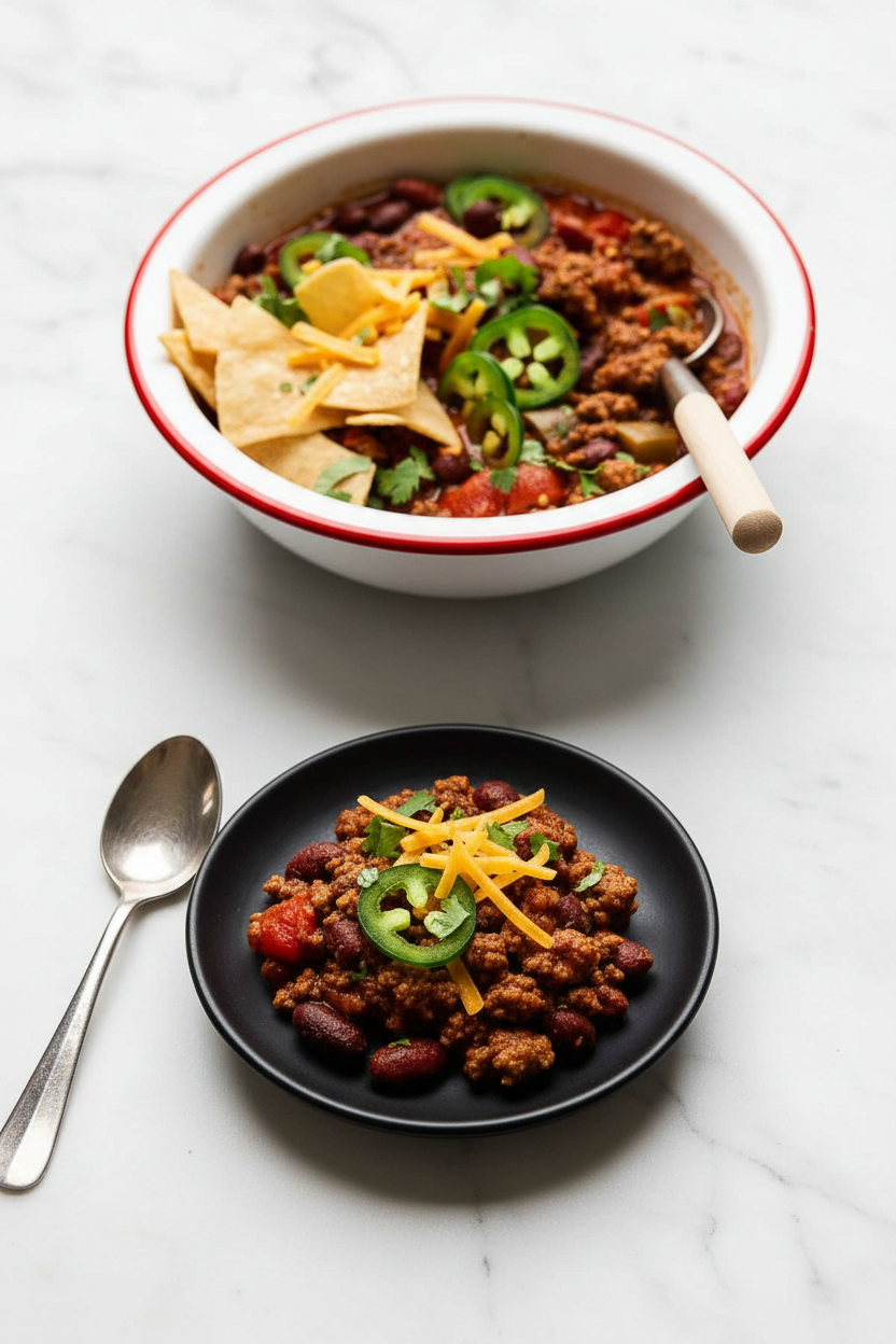 Lifestyle shot of the ground beef chili recipe served in a ceramic vessel, capturing the thick texture and vibrant red hues.