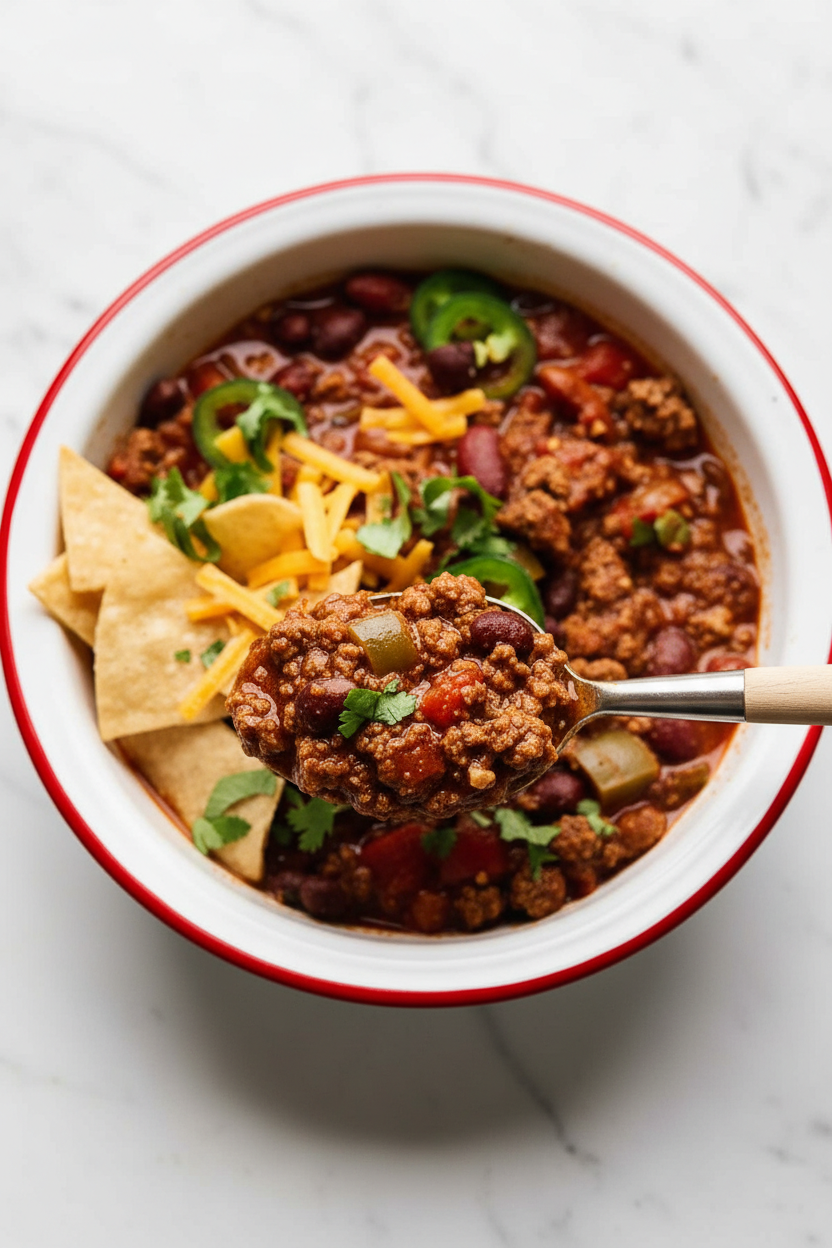 Close-up of ground chuck browning in a Dutch oven to achieve the Maillard reaction for this ground beef chili recipe.
