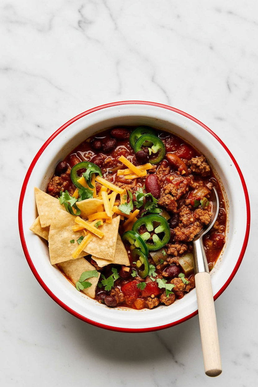 Ground beef chili recipe in a minimalist ceramic bowl on a white marble surface, showing tender beef and rich cocoa powder depth.