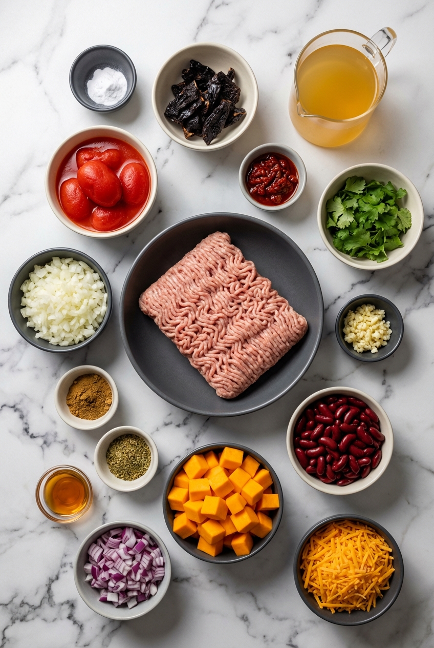 Flat lay of ground turkey chili recipe ingredients including kidney beans, ancho chiles, and ground turkey on a contemporary countertop.