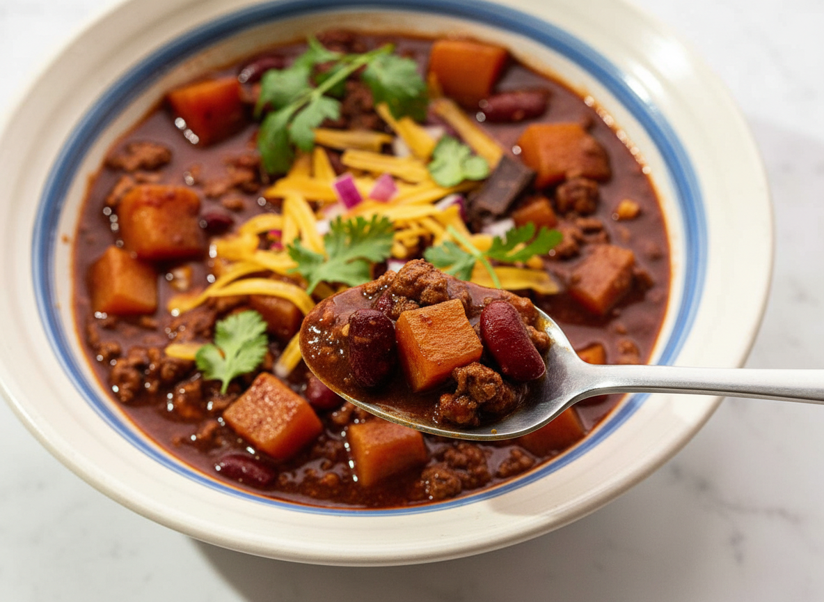A steaming bowl of ground turkey chili recipe on a white marble surface with soft shadows, perfect for a cozy dinner.