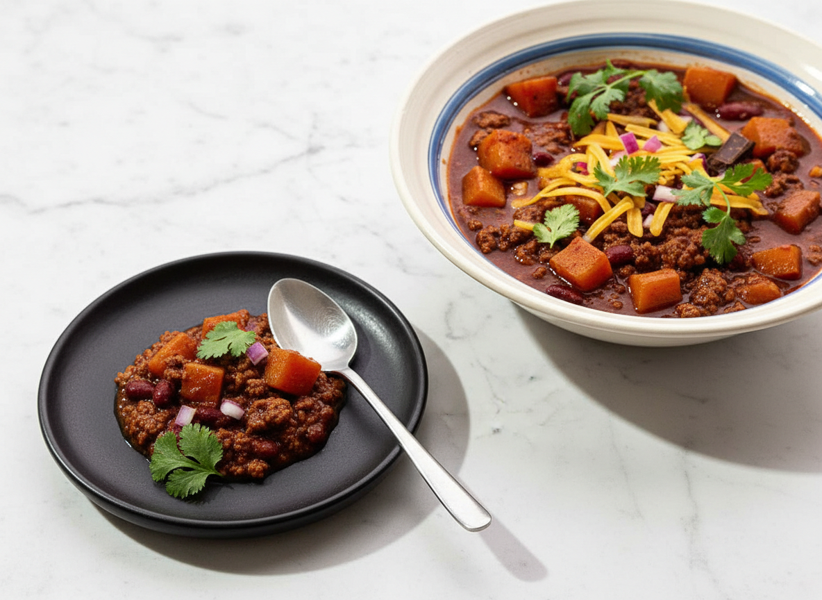 Close-up texture of ground turkey chili recipe showing tender meat and kidney beans in a rich, dark umami sauce.