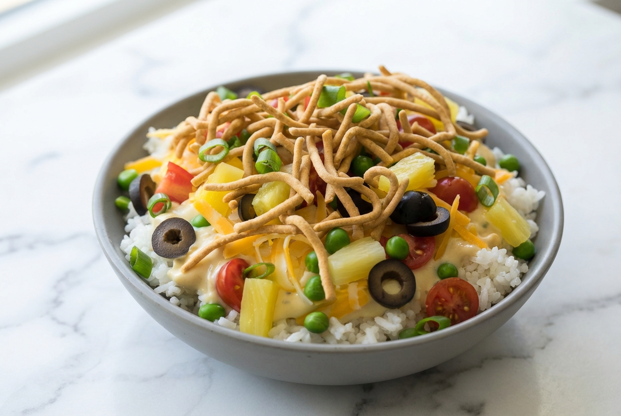 Hawaiian haystacks recipe featuring creamy chicken over a coconut-infused jasmine rice base in a white ceramic bowl.