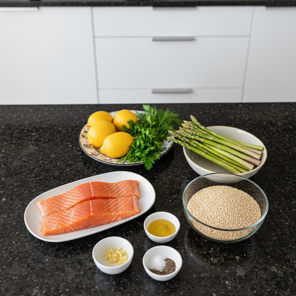 Fresh ingredients including salmon fillets, green asparagus spears, lemon, and various herbs for healthy dinner recipes for weight loss.