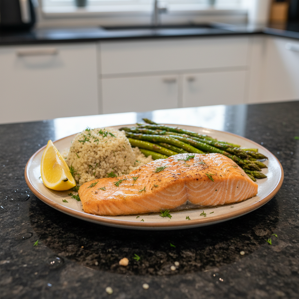 A vibrant plate of roasted salmon, asparagus, and quinoa, illustrating healthy dinner recipes for weight loss.