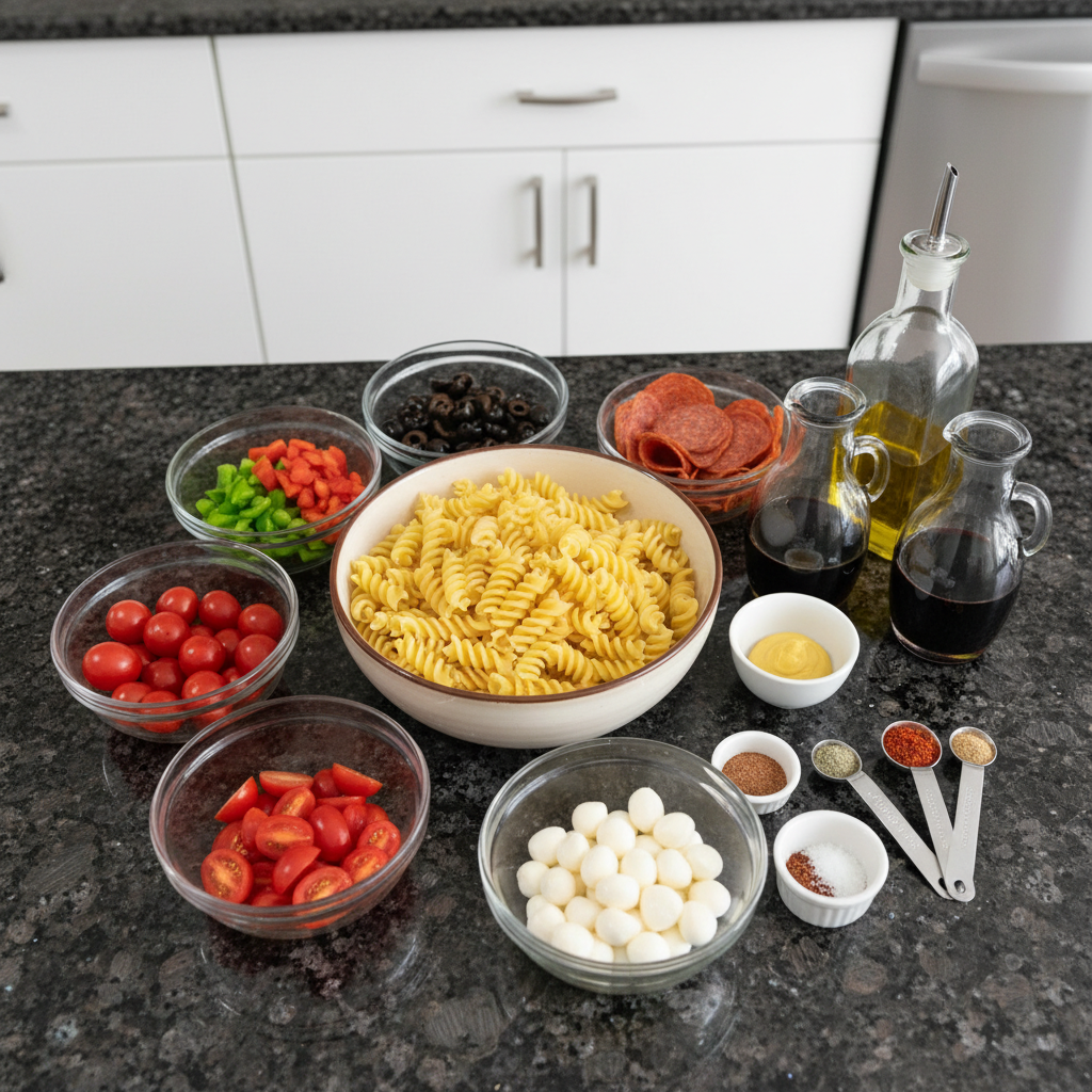 Fresh, colorful ingredients for a healthy pasta salad, including cooked pasta, various vegetables, and herbs, arranged on a rustic wooden board.