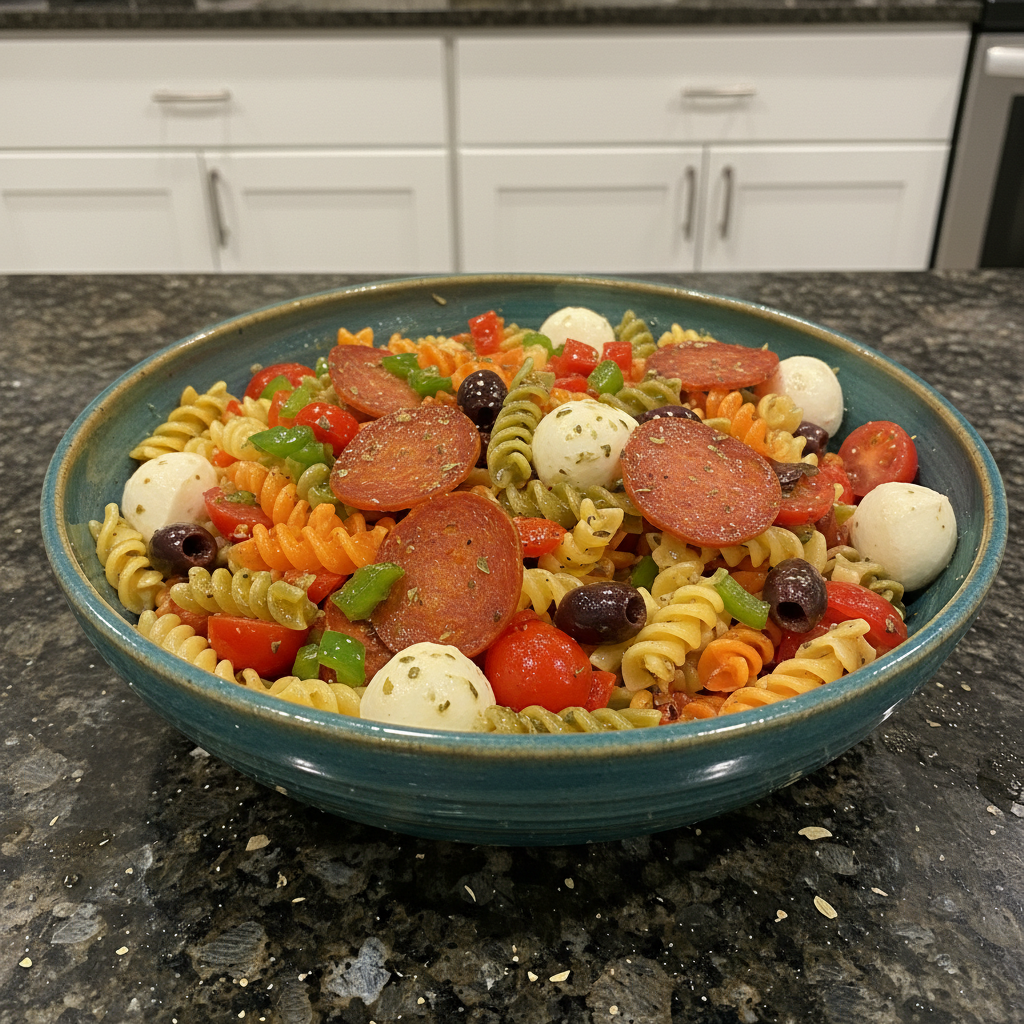 A vibrant bowl of healthy pasta salad with colorful vegetables, a light dressing, and fresh herbs, ready to be served.