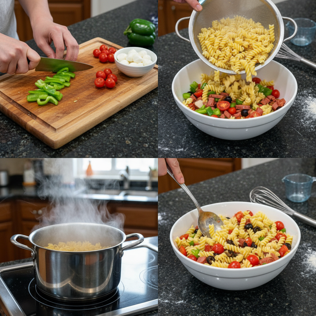 Hands gently mixing a healthy pasta salad in a large glass bowl, combining cooked pasta, chopped vegetables, and a light dressing.