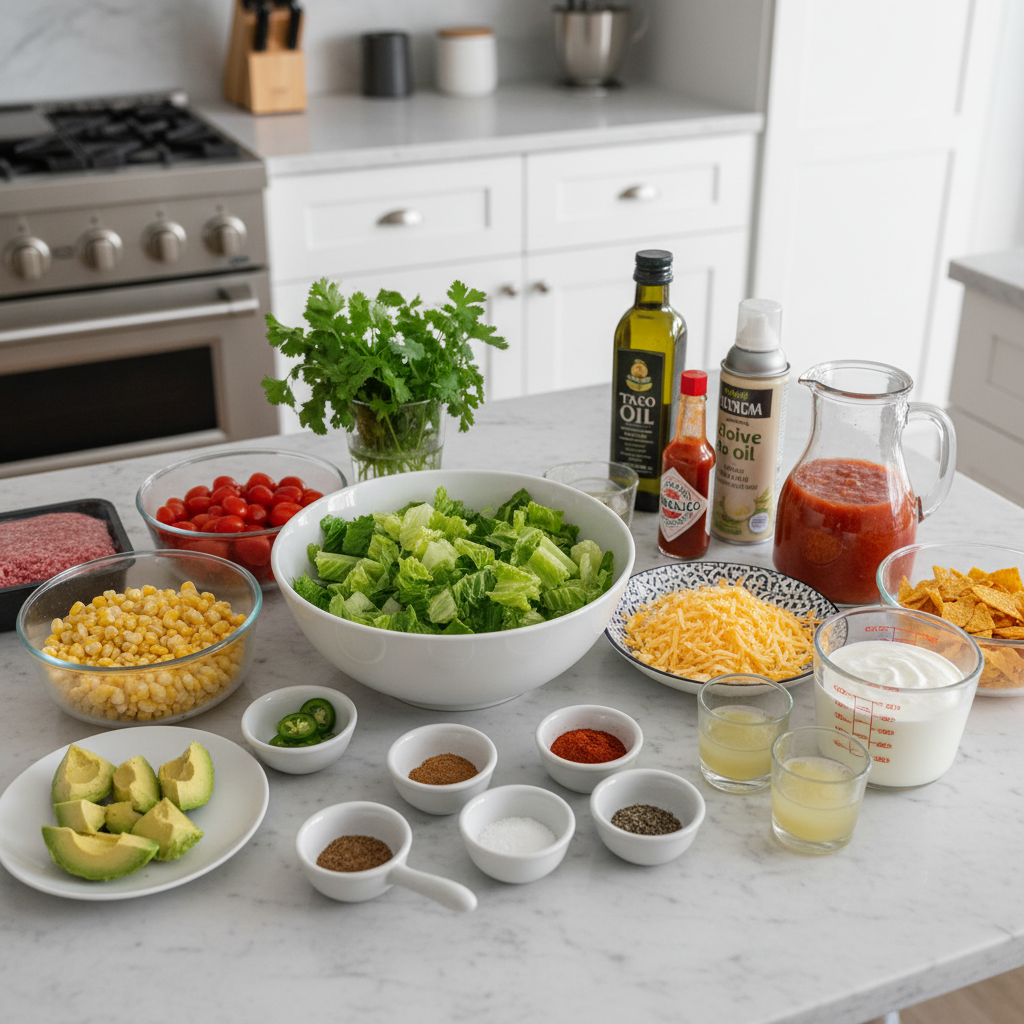 Fresh, colorful ingredients laid out for a Healthy Taco Salad, including crisp lettuce, diced tomatoes, corn, beans, and lean ground turkey.