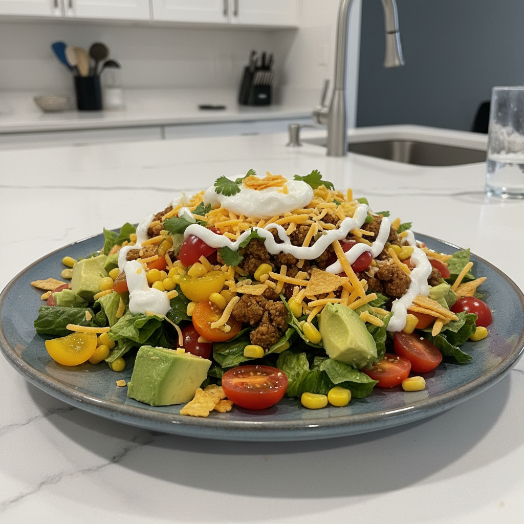 A vibrant and fresh Healthy Taco Salad with colorful vegetables, lean protein, and a zesty dressing, served in a bowl.