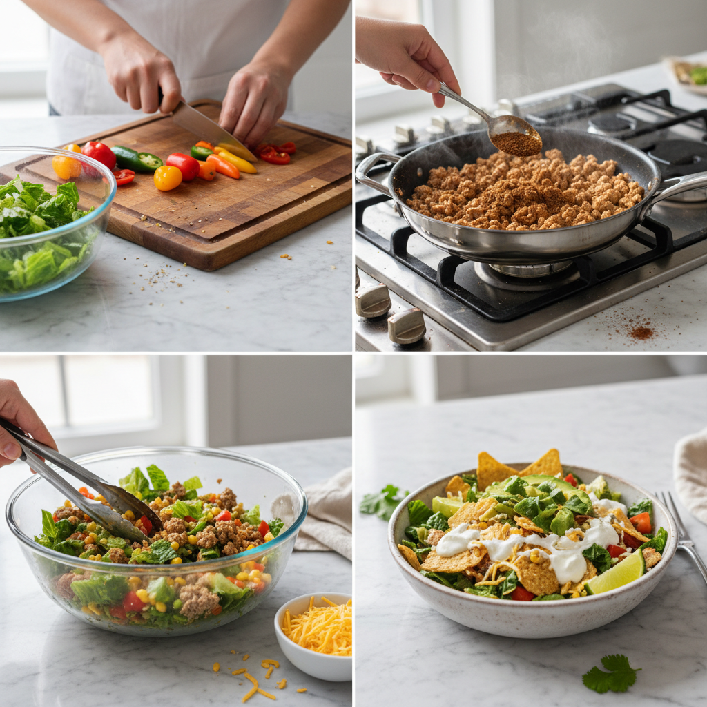 Hands preparing a Healthy Taco Salad by chopping fresh vegetables on a cutting board, illustrating a key step.