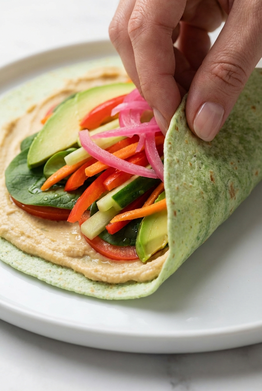 Fiber-rich Veggie Wrap halved on a minimalist ceramic plate with soft shadows highlighting the crunchy sprout texture.