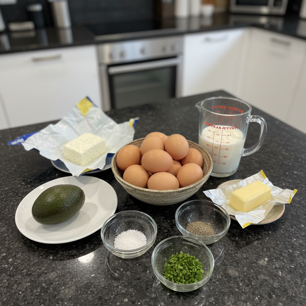 Fresh eggs, lean meat, and colorful vegetables laid out for easy high protein breakfast recipes preparation.