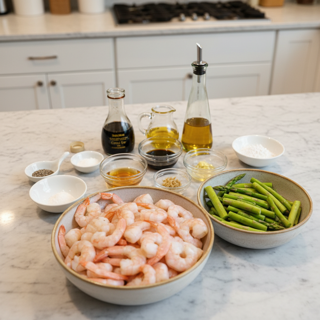 A flat lay of fresh shrimp, honey, minced garlic, soy sauce, and spices, ready for High-Protein Honey Garlic Shrimp.