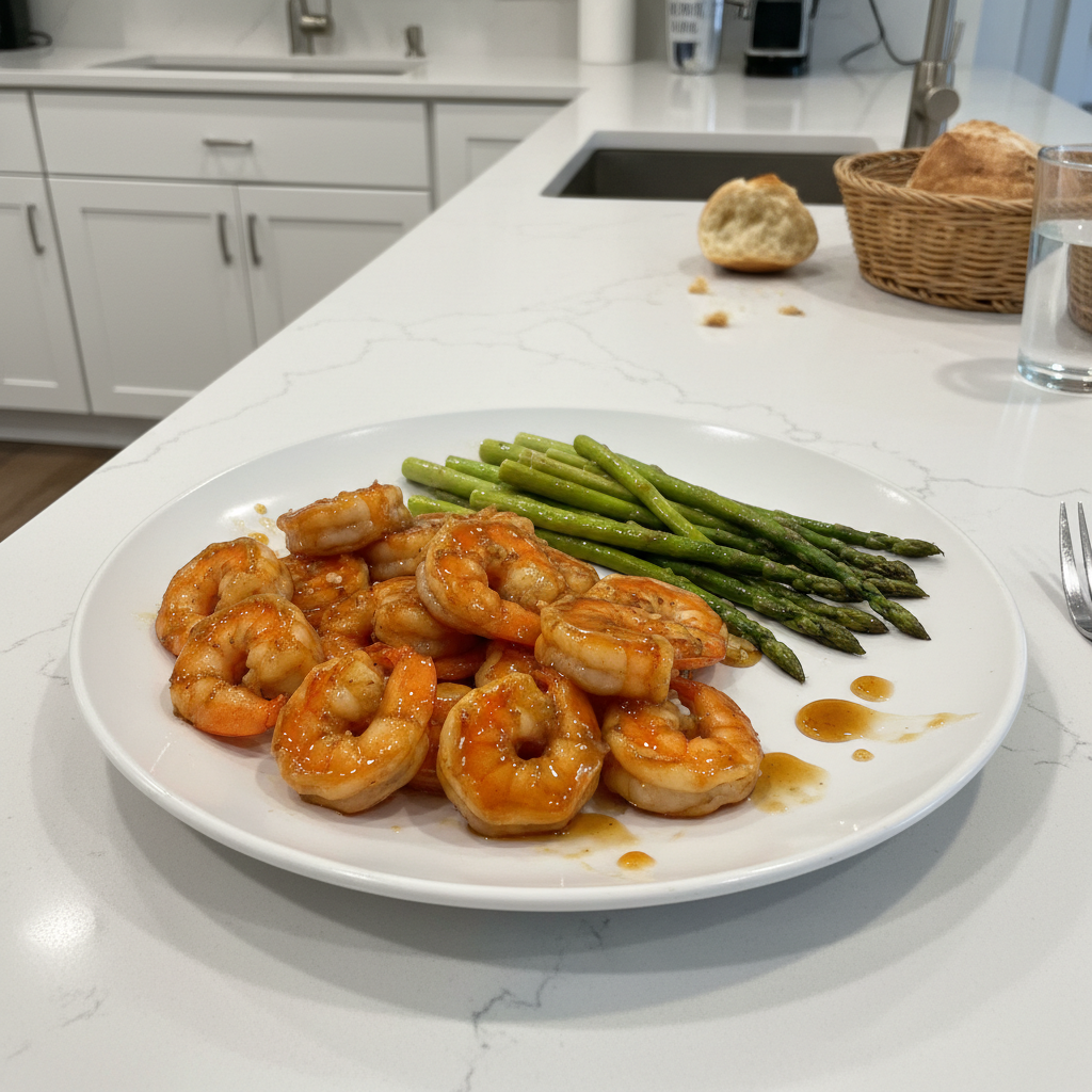 A close-up of a sizzling plate of High-Protein Honey Garlic Shrimp, garnished with fresh parsley and sesame seeds.