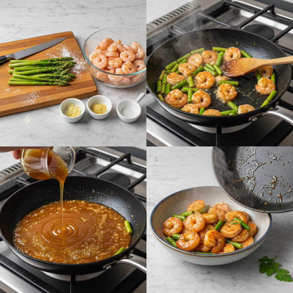 A chef is tossing plump shrimp in a hot pan, coated in the sticky honey garlic sauce for a High-Protein Honey Garlic Shrimp.