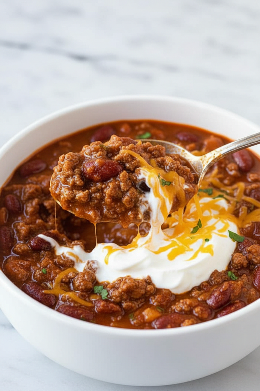 Close-up texture of a homemade chili recipe simmering in a Dutch oven, highlighting the thick, velvety tomato-based sauce.