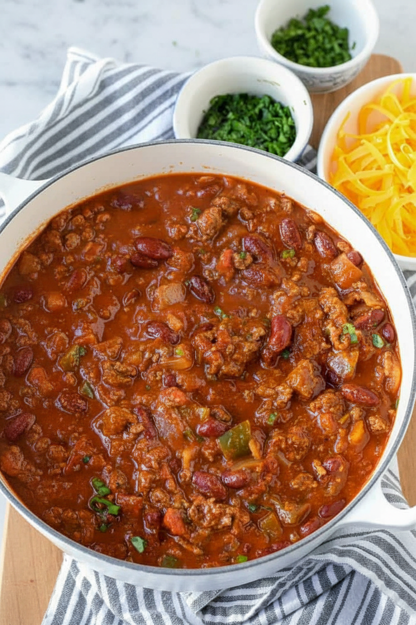 A homemade chili recipe in a minimalist ceramic bowl on white marble, showing rich cocoa-tinted beef and kidney beans.
