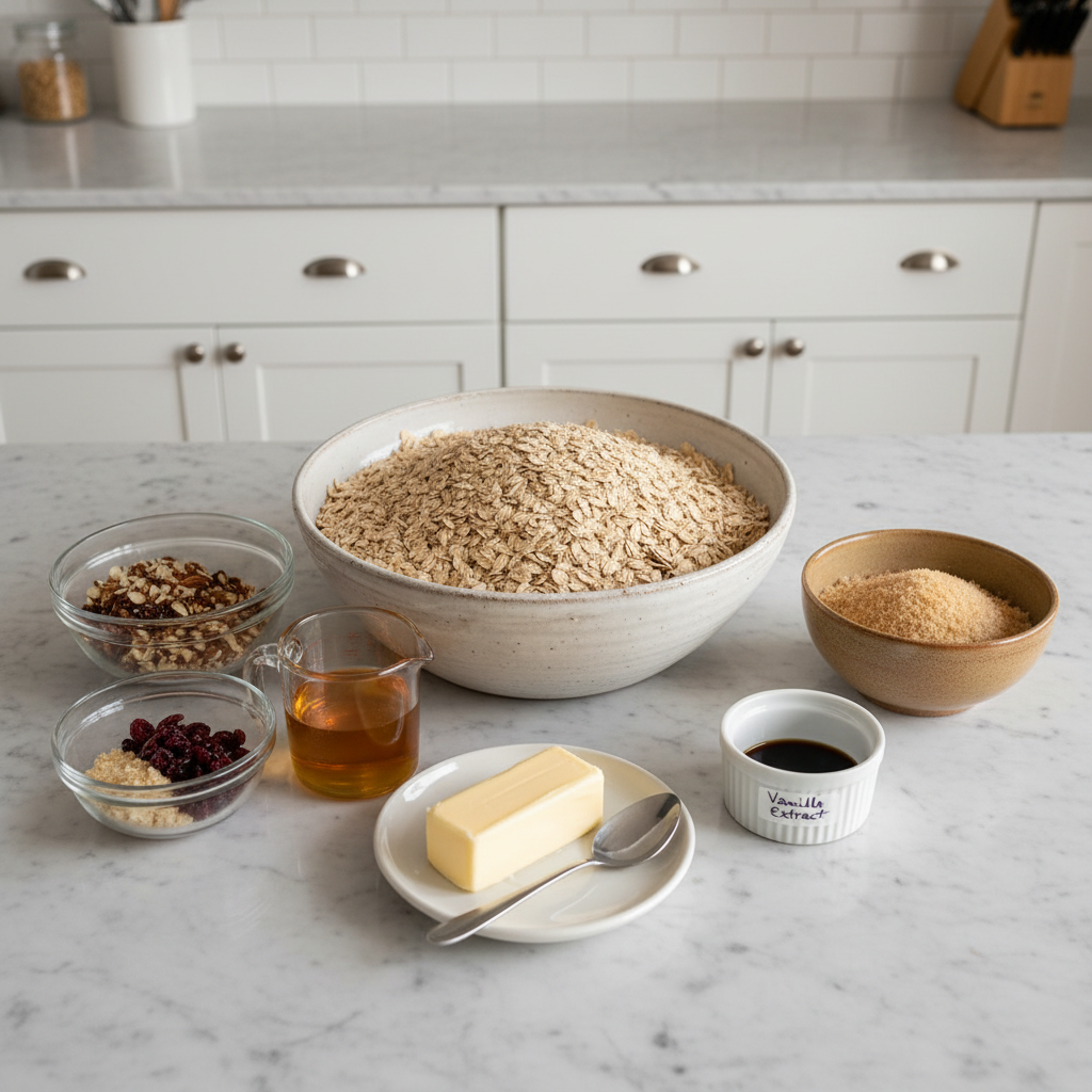 A colorful array of ingredients for homemade granola bars, including oats, honey, nuts, and dried fruit.