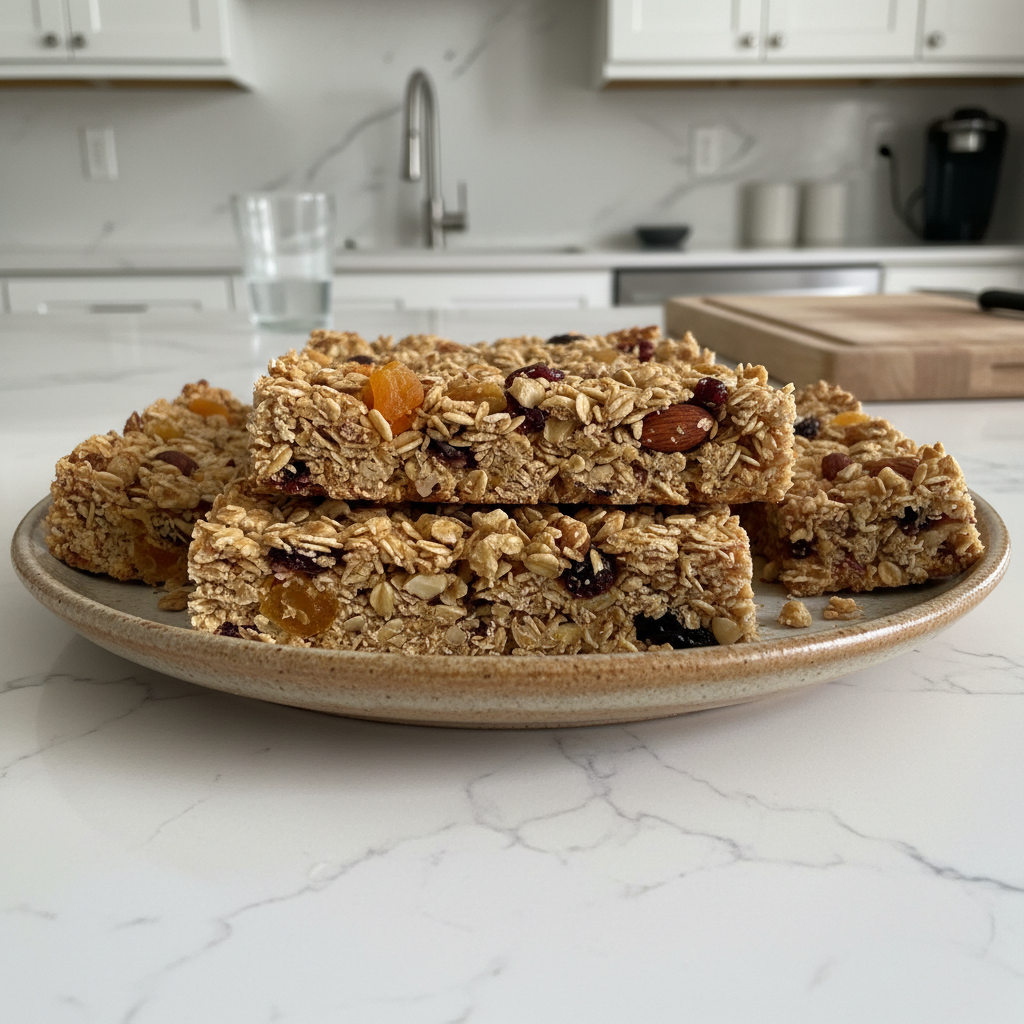 Delicious homemade granola bars with oats, nuts, and dried fruit, ready for a healthy snack.