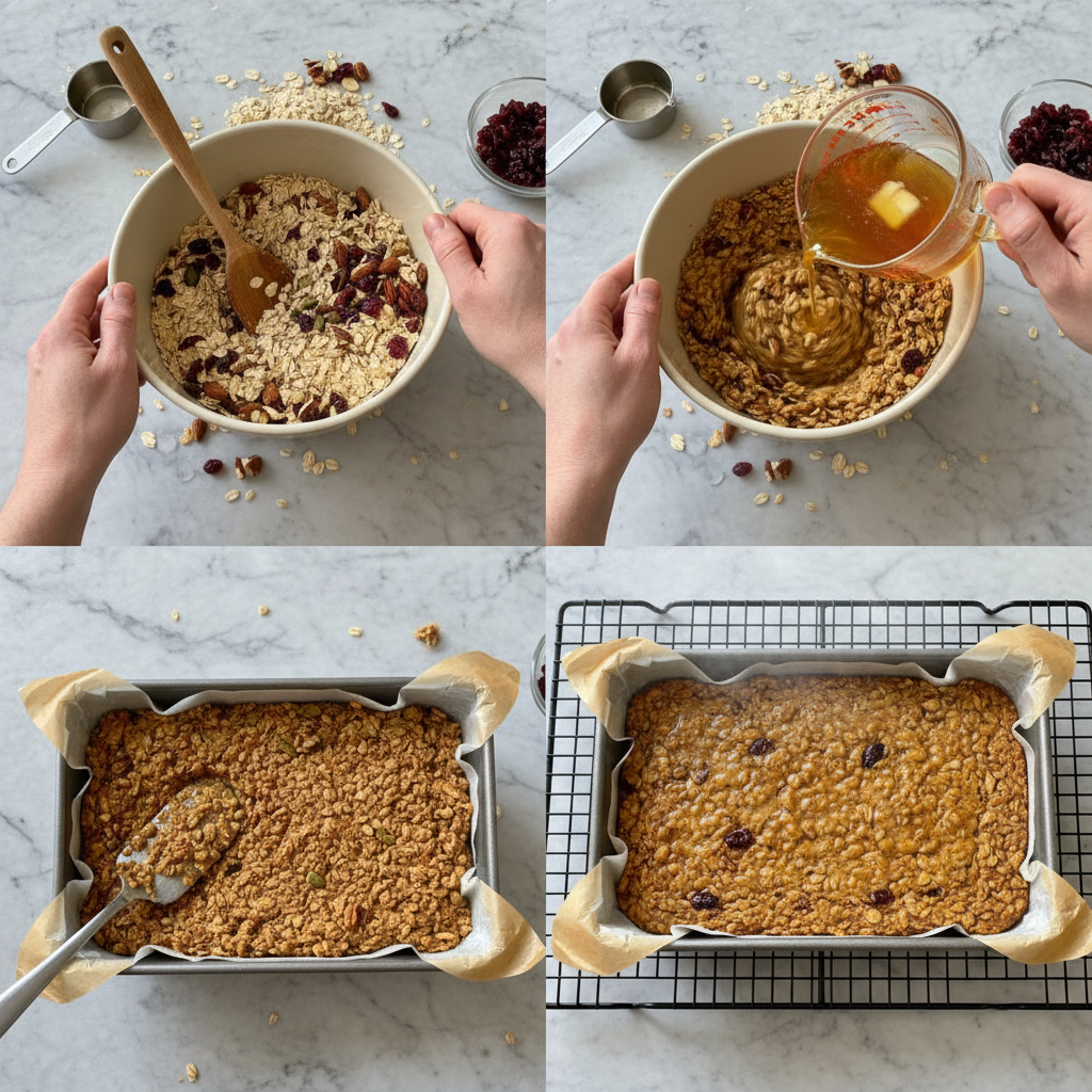 Hands pressing the mixture for homemade granola bars into a baking pan before baking.
