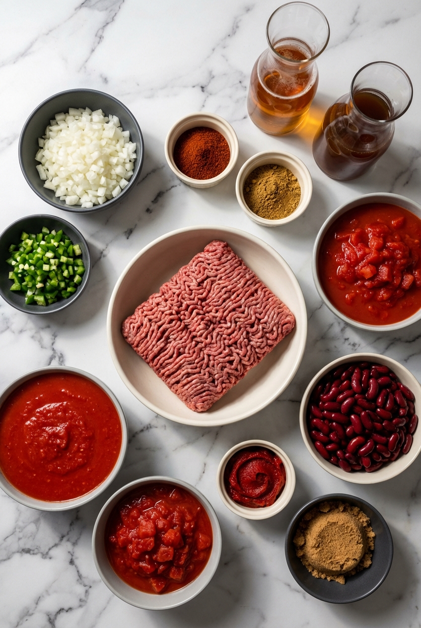 Flat lay of ingredients for chili recipe stovetop with kidney beans and cumin on a contemporary countertop.