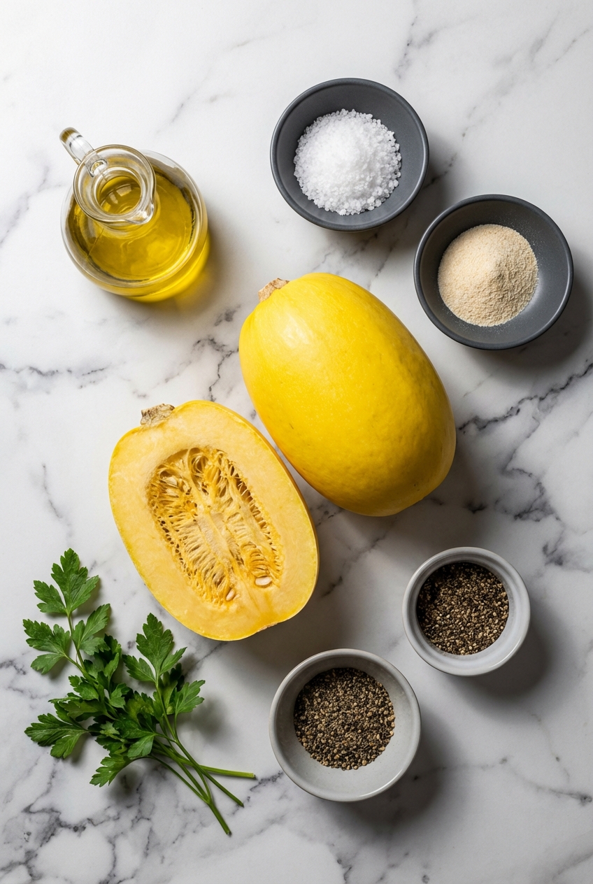 Flat lay of winter squash, extra virgin olive oil, and sea salt on a contemporary white marble countertop.