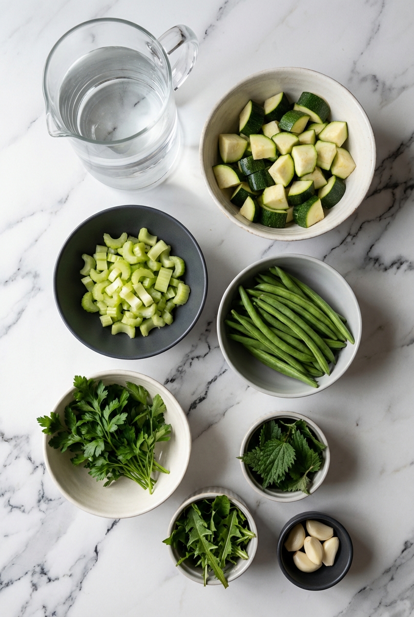 Flat lay of organic zucchini, string beans, and fresh parsley for Bielers Blended Vegetable Soup on a contemporary countertop.