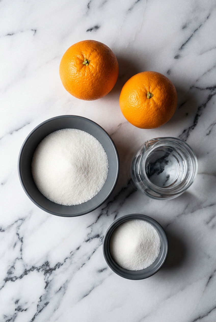 Flat lay of Navel oranges, sugar, a split vanilla bean, and sea salt on a contemporary white countertop.