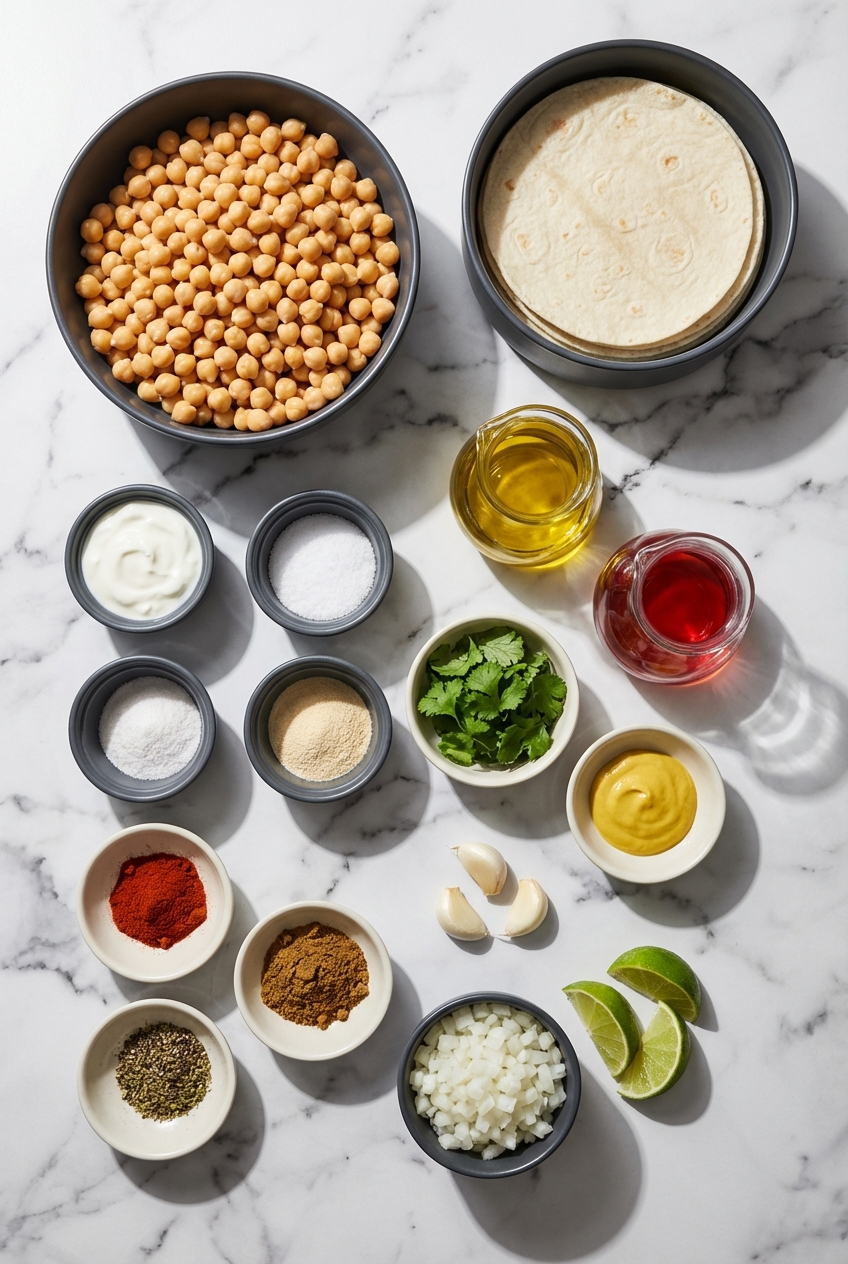 Flat lay of Garbanzo beans, corn tortillas, and smoked paprika for Chickpea Tacos on a contemporary white countertop.
