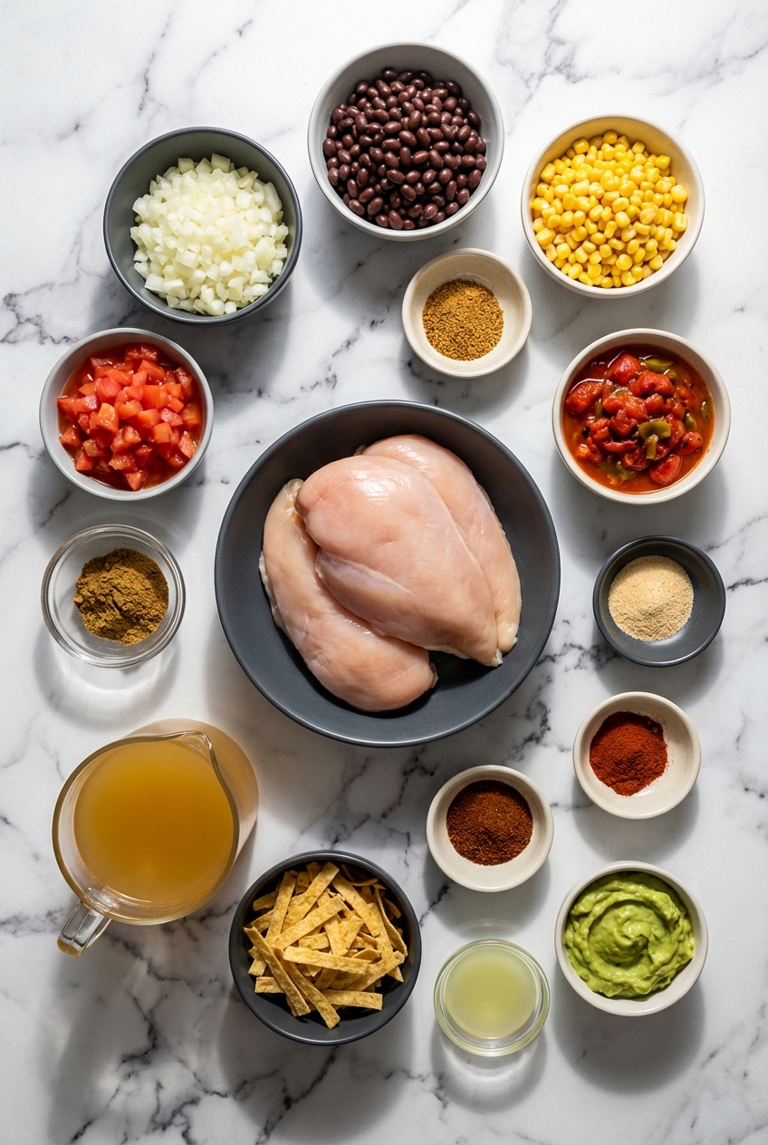Flat lay of chicken breast, black beans, and masa harina for crockpot chicken tortilla soup on a contemporary white countertop.