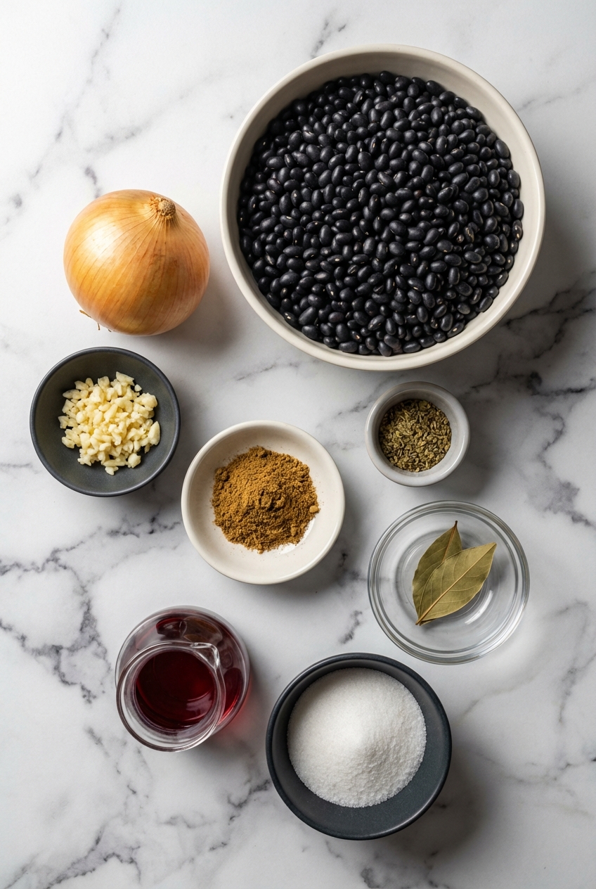 Flat lay of raw legumes, onions, and chipotle peppers on a contemporary countertop for Instant Pot Black Bean Soup preparation.