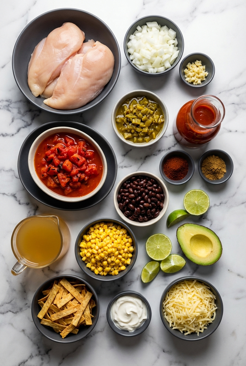 Flat lay of raw chicken breast, fire-roasted tomatoes, and black beans for instant pot chicken tortilla soup on a contemporary countertop.