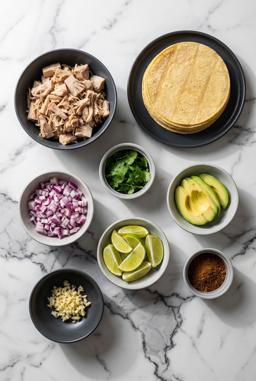 Flat lay of ingredients for Jackfruit Tacos featuring young green jackfruit, chipotle in adobo, and corn tortillas on a minimalist surface.