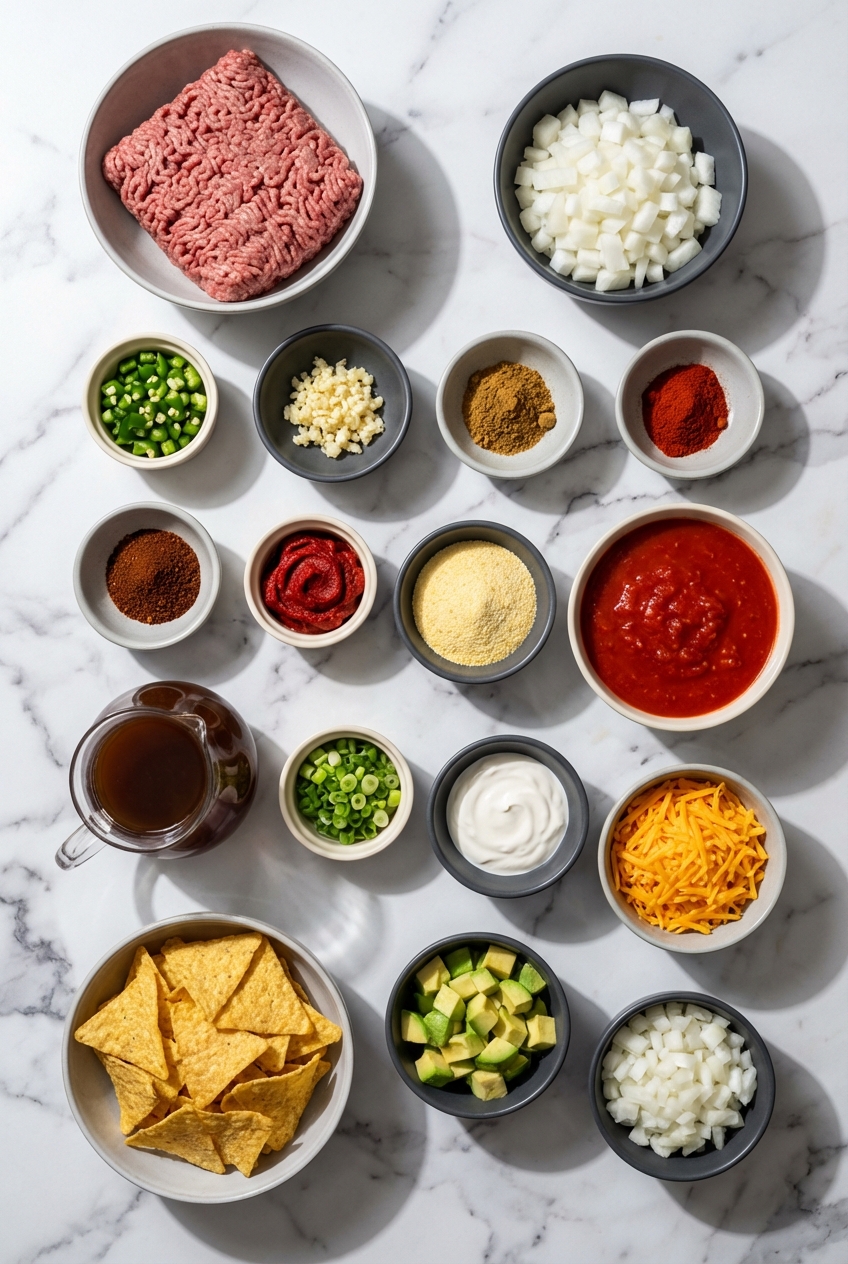 no bean chili recipe ingredients flat lay