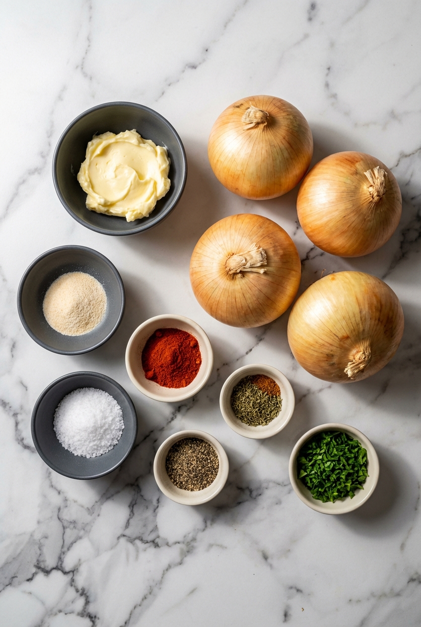 Raw Vidalia onion, Cajun seasoning, and bouillon base for an Onion Boil Recipe flat lay on a contemporary countertop.