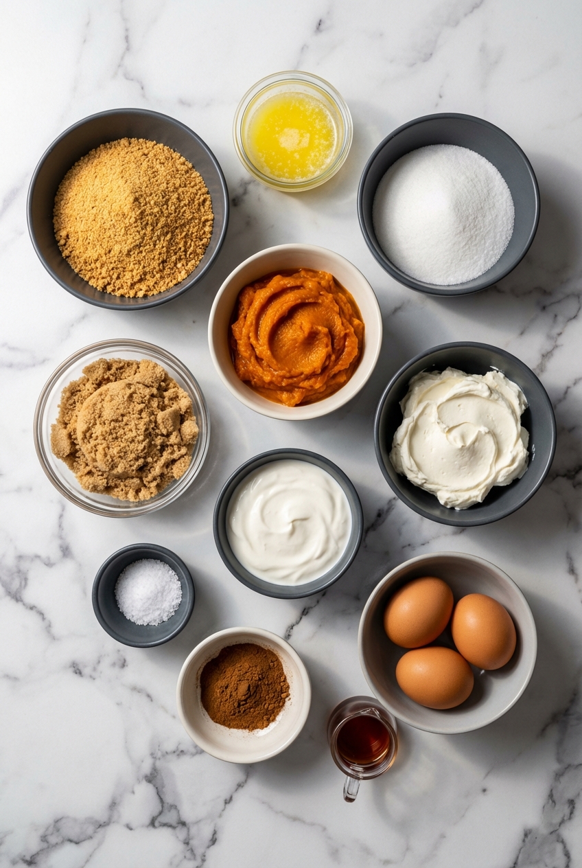 Flat lay of Pumpkin Cheesecake Bars ingredients including pumpkin puree, cream cheese, and brown butter on a contemporary countertop.