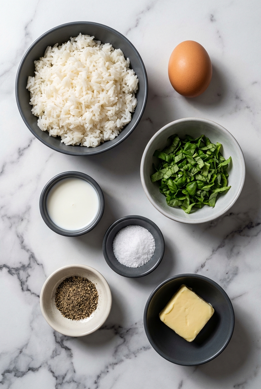 Flat lay of short-grain rice and binding agents for a rice cake recipe on a contemporary countertop.