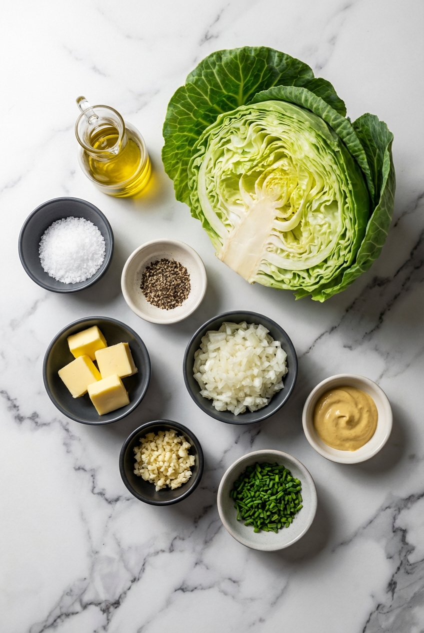 Flat lay of raw Brassica oleracea, honey, and spices on a white marble surface for making Roasted Cabbage Wedges.