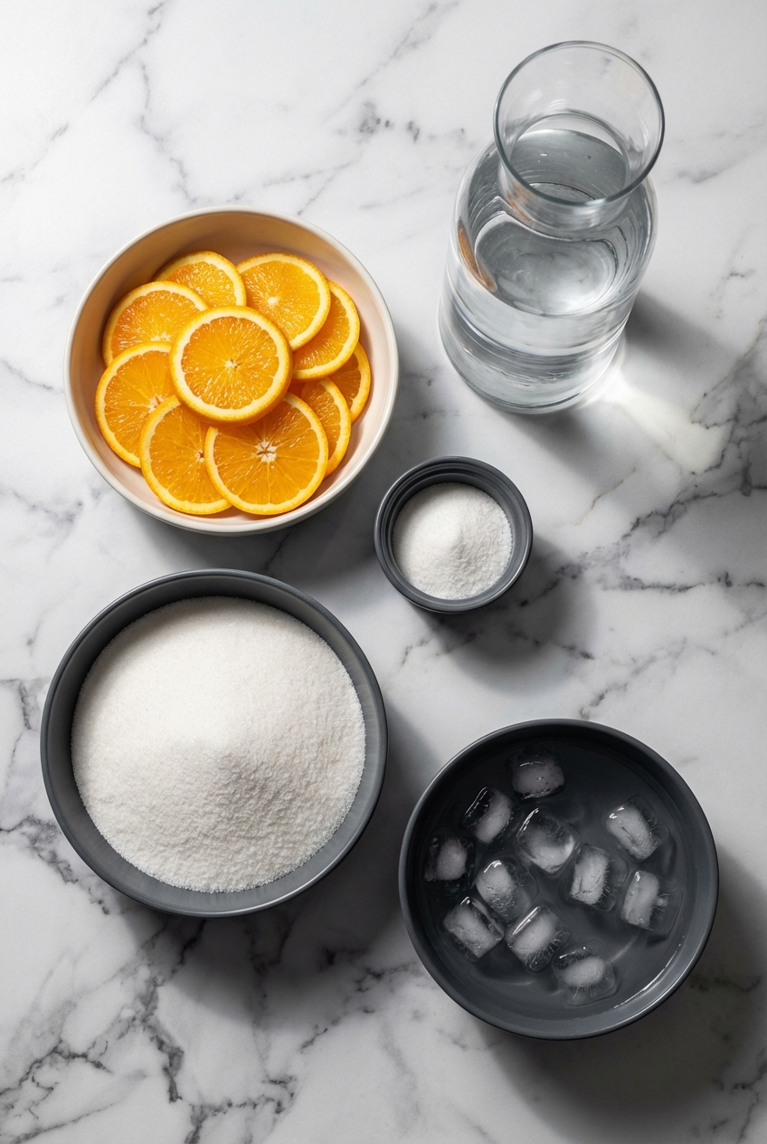 Flat lay of fresh tangelos, simple syrup, green cardamom pods, and a vanilla bean on a contemporary white countertop.