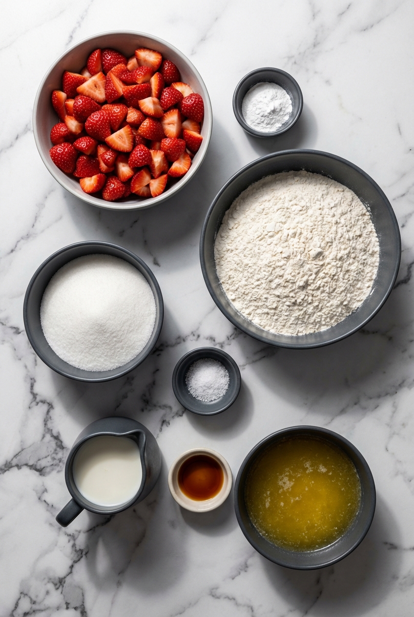 strawberry cobbler ingredients flat lay
