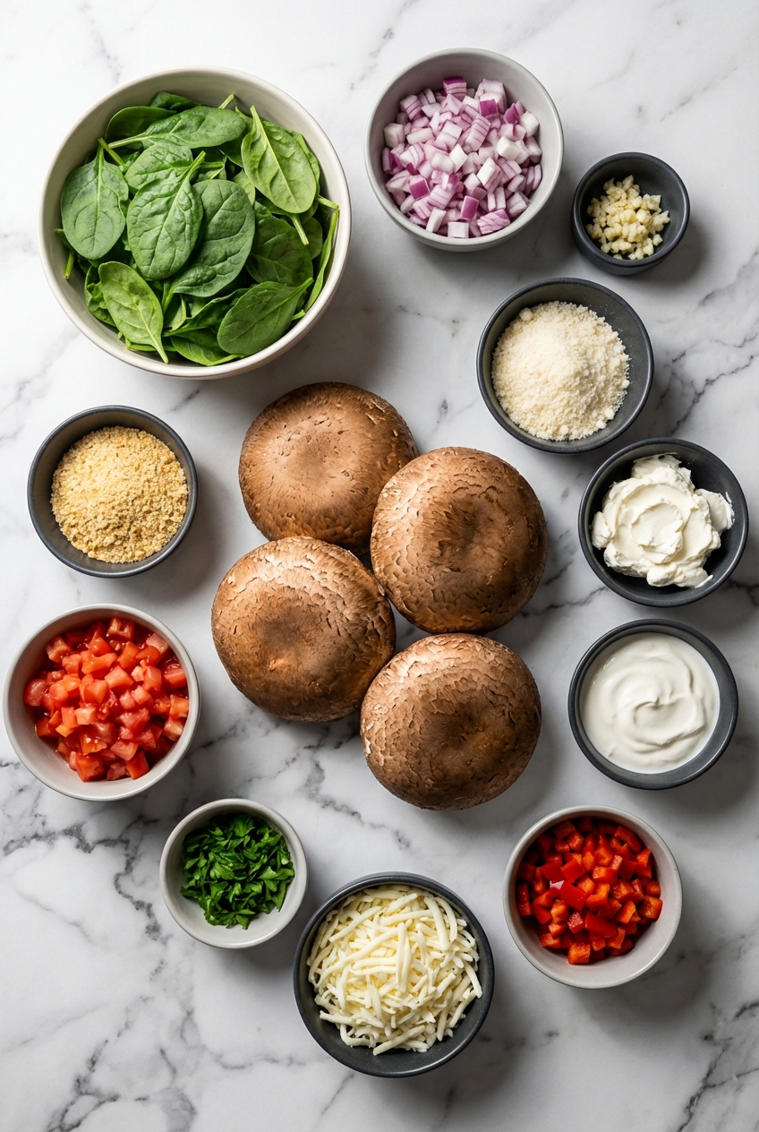 Flat lay of ingredients for Stuffed Portobello Mushrooms including mushroom caps, cream cheese, and panko breadcrumbs on a contemporary countertop.